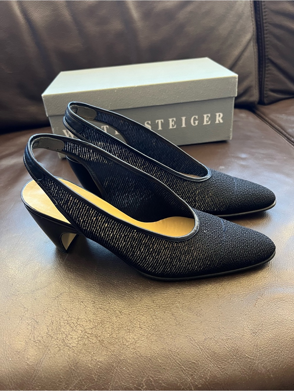 Walter Steiger Vintage Navy Woven Mesh Slingback Heels Pumps Sz 6.5 B Italy Box